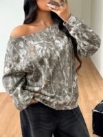 Elorivane Women Plus Size Grey Wash Sweatshirt, Asymmetrical Shoulder Grommet Long Sleeve Y2K Fall Winter Top - Image 10