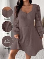 Elorivane Plus Size Sweetheart Neck Dress, Ruched Ribbed Long Sleeve Casual Dress, Fall Wear - Image 29