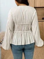 Elorivane Plus Size Blue Ditsy Floral Blouse, V-Neck Tie Long Sleeve Top, Romantic Fall Daily Home Wear - Image 30