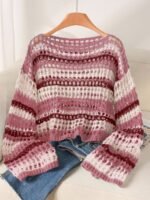 Elorivane Plus Size Blue White Striped Sweater, Hollow Out Boat Neck Cropped Long Sleeve, Fall Winter Loose Top - Image 12