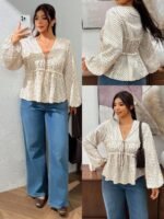 Elorivane Plus Size Blue Floral Blouse, V-Neck Tie Long Sleeve Top, Daily Commute Going Out Wear - Image 12