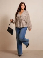 Elorivane Plus Size Blue Ditsy Floral Blouse, V-Neck Tie Long Sleeve Top, Romantic Fall Daily Home Wear - Image 15