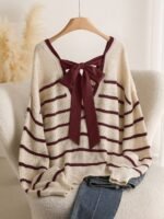 Elorivane Plus Size Striped Sweater, V-Neck Long Sleeve Pullover with Bow Back, Autumn Winter Casual Top - Image 2