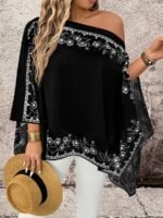 Elorivane Plus Size Women Floral Print Asymmetrical Shoulder Shirt, Fall Daily Casual - Image 11
