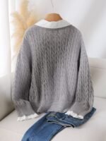 Elorivane Plus Size Brown Cable Knit Sweater, 90s Korean Lace Patchwork Pullover, Autumn Office Casual Top - Image 2