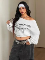 Elorivane Women Plus Size Grey Wash Sweatshirt, Asymmetrical Shoulder Grommet Long Sleeve Y2K Fall Winter Top - Image 37