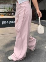Elorivane Plus Size Pink Denim Jeans, Mid-Waist Pearl Patchwork Loose Wide Leg Casual Fall Pants - Image 5