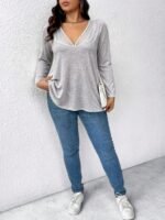 Elorivane Plus Size Mesh Patchwork V-Neck Long Sleeve T-Shirt Elegant Minimalist for Fall Commute Casual Wear - Image 21