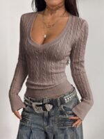 Elorivane Women Brown Vintage Sweater, Preppy Y2K Old Money Casual Fall Winter Pullover - Image 21