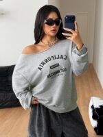 Elorivane Women Plus Size Grey Wash Sweatshirt, Asymmetrical Shoulder Grommet Long Sleeve Y2K Fall Winter Top - Image 18