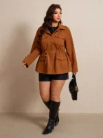 Elorivane Plus Size Flap Pocket Drawstring Waist Jacket, Barn Style Outerwear, Fall Winter Casual Wear - Image 18
