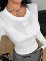 Elorivane Women Blue Rib Knit Thermal Shirt, 2-in-1 Embroidered Preppy Chic Fall Winter Button Down Top - Image 17