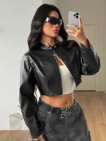 Elorivane Women Plus Size Black PU Cropped Jacket, Long Sleeve Y2K Vintage Streetwear Fall Coat - Image 5