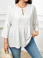 Elorivane Plus Size Navy Blue 90s Vintage Floral Print Peplum Shirt Boho Vacation Top for Summer Casual Wear - Image 14