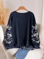 Elorivane Plus Size Floral Embroidery Sweatshirt, Crew Neck Long Sleeve Elegant Top, Spring Fall - Image 11