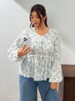 Elorivane Plus Size Ditsy Floral Blouse, Round Neck Frill Trim Long Sleeve Shirt, Fall Winter Daily Going Out Top - Image 6