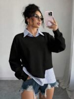 Elorivane Plus Size Linen Striped Patchwork Collared Pullover Sweatshirt for Autumn Daily Wear & Holidays - Image 4
