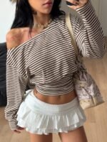 Elorivane Women Green Striped Asymmetrical Shoulder Top, Stretchy Long Sleeve Y2K Streetwear Tee - Image 25
