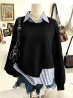 Elorivane Plus Size Linen Striped Patchwork Collared Pullover Sweatshirt for Autumn Daily Wear & Holidays - Image 7