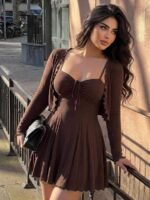 Elorivane Plus Size Brown 2-Piece Set, Wrap Spaghetti Strap Mini Dress & Cardigan, Casual Spring Summer Autumn Outfit - Image 3