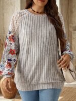 Elorivane Plus Size Floral Print Lace Patchwork Sweatshirt for Autumn Winter Brunch Vacation - Image 6
