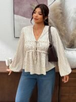 Elorivane Plus Size Blue Floral Blouse, V-Neck Tie Long Sleeve Top, Daily Commute Going Out Wear - Image 17