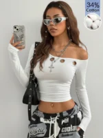 Elorivane Women Vintage Leopard Knit Top, Asymmetrical Neck Grommet Long Sleeve Stretchy Spring Summer Streetwear - Image 43