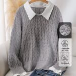 Elorivane Plus Size Brown Cable Knit Sweater, 90s Korean Lace Patchwork Pullover, Autumn Office Casual Top