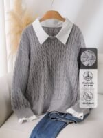 Elorivane Plus Size Brown Cable Knit Sweater, 90s Korean Lace Patchwork Pullover, Autumn Office Casual Top