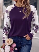 Elorivane Plus Size Floral Print Patchwork Sweatshirt for Fall Winter Casual Wear - Image 8