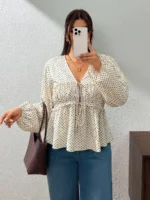Elorivane Plus Size Blue Floral Blouse, V-Neck Tie Long Sleeve Top, Daily Commute Going Out Wear - Image 15