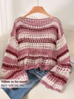 Elorivane Plus Size Blue White Striped Sweater, Hollow Out Boat Neck Cropped Long Sleeve, Fall Winter Loose Top - Image 10