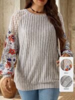Elorivane Plus Size Floral Print Lace Patchwork Sweatshirt for Autumn Winter Brunch Vacation