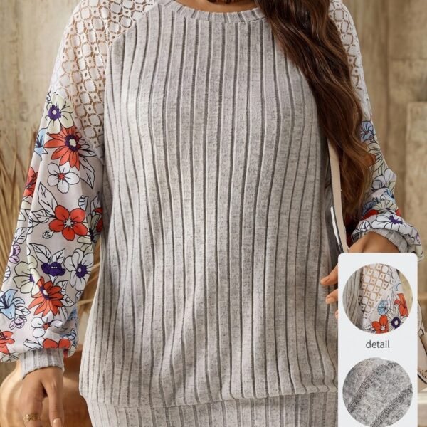 Elorivane Plus Size Floral Print Lace Patchwork Sweatshirt for Autumn Winter Brunch Vacation