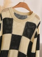 Elorivane Plus Size Black Yellow Color Block Sweater, Double Layer Round Neck Long Sleeve Versatile Spring Summer Autumn Top - Image 5