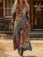 Elorivane Plus Size Women Boho Floral Geometric V-Neck Maxi Dress, Fall Casual Loose Long Sleeve Dress - Image 3