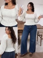 Elorivane Plus Size Polka Dot Blouse, Square Neck Long Sleeve Top, Fall Winter Daily Work Going Out Wear - Image 7
