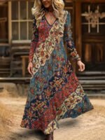 Elorivane Plus Size Women Boho Floral Geometric V-Neck Maxi Dress, Fall Casual Loose Long Sleeve Dress - Image 4