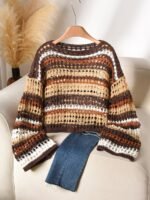 Elorivane Plus Size Blue White Striped Sweater, Hollow Out Boat Neck Cropped Long Sleeve, Fall Winter Loose Top - Image 35