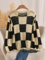 Elorivane Plus Size Black Yellow Color Block Sweater, Double Layer Round Neck Long Sleeve Versatile Spring Summer Autumn Top - Image 2