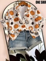 Elorivane Plus Size Halloween Bat & Pumpkin Print Shirt - Image 30