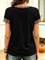 Elorivane Plus Size Halloween Leopard Print Pumpkin Bow Graphic Short Sleeve T-Shirt - Image 2
