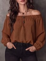 Elorivane Plus Size Loose Ruffle Off-Shoulder Smocked Lantern Sleeve Blouse for Spring Autumn Daily Versatile Wear - Image 6