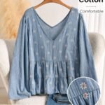 Elorivane Blue White Embroidered Blouse, Long Sleeve Cute Boho Shirt, Autumn Daily Vacation Top