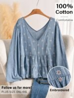Elorivane Blue White Embroidered Blouse, Long Sleeve Cute Boho Shirt, Autumn Daily Vacation Top