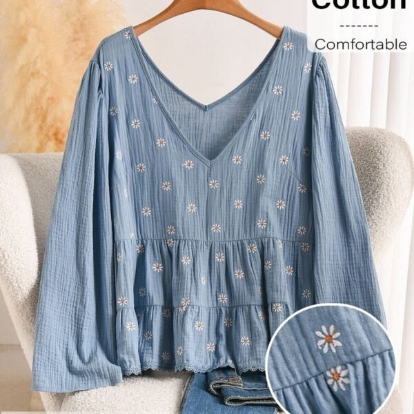 Elorivane Blue White Embroidered Blouse, Long Sleeve Cute Boho Shirt, Autumn Daily Vacation Top