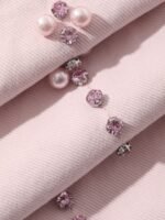 Elorivane Plus Size Pink Denim Jeans, Mid-Waist Pearl Patchwork Loose Wide Leg Casual Fall Pants - Image 4