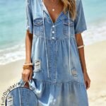 Elorivane Plus Size Women Blue Printed V-Neck Short Sleeve Loose Midi Dress, Summer Daily Casual Outfit