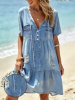 Elorivane Plus Size Women Blue Printed V-Neck Short Sleeve Loose Midi Dress, Summer Daily Casual Outfit