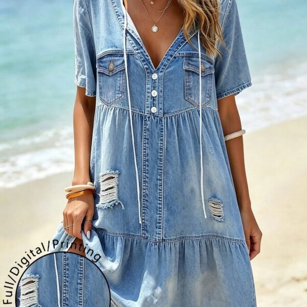 Elorivane Plus Size Women Blue Printed V-Neck Short Sleeve Loose Midi Dress, Summer Daily Casual Outfit